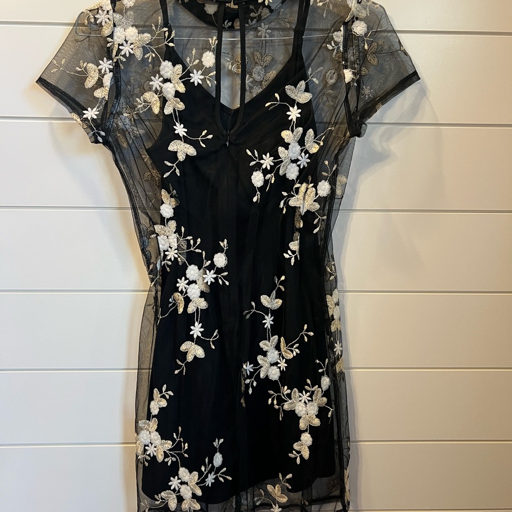 Black mini floral embellished dress with slip